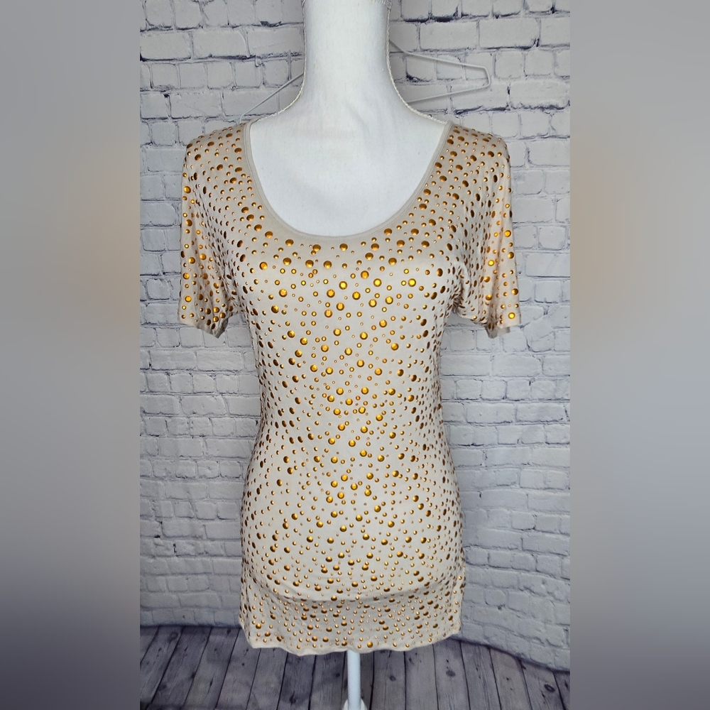 Torn by Ronny Kobo Beige Blouse with Gold Accents M